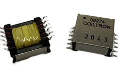 Two Coiltron 08274 SMD transformers side-by-side: one showing internal yellow-taped copper windings and the other showing the branded cover with model number 2043.