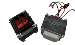 Coiltron 120-0010-02 power transformer assembly showing internal red copper windings on a bobbin and a completed unit with wire leads.