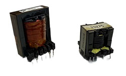 Two Coiltron through-hole PCB transformers: one tall unit with visible brown copper windings and one compact unit labeled 20275.