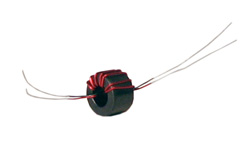 Coiltron toroidal inductor featuring a black ferrite core and precision red copper windings with four extended fly-leads for custom connectivity.