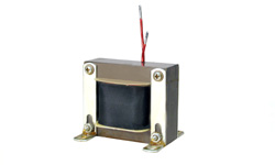 Coiltron chassis-mount inductor featuring a laminated metal core, black protective tape winding, and two red insulated wire leads.