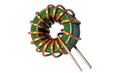 Coiltron toroidal inductor featuring a green-coated ferrite core with precision copper wire windings and through-hole PCB leads.