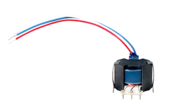 Coiltron high-frequency transformer featuring a blue bobbin, black ferrite core, red and blue insulated wire leads, and PCB mounting pins.