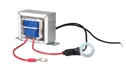 Coiltron industrial step-up or step-down transformer featuring blue windings, a silver laminated frame, and red lead wires with large silver ring terminal connectors.