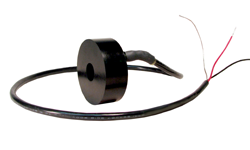 Coiltron black toroidal current transformer with a center aperture and a long black flexible lead wire splitting into red and black terminals.